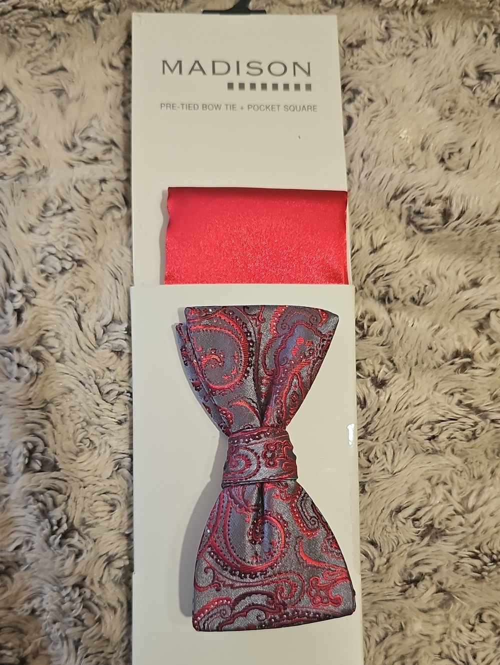 Madison Men's Red and Gray Paisley Pre-Tied Bow Tie & Pocket Square Set